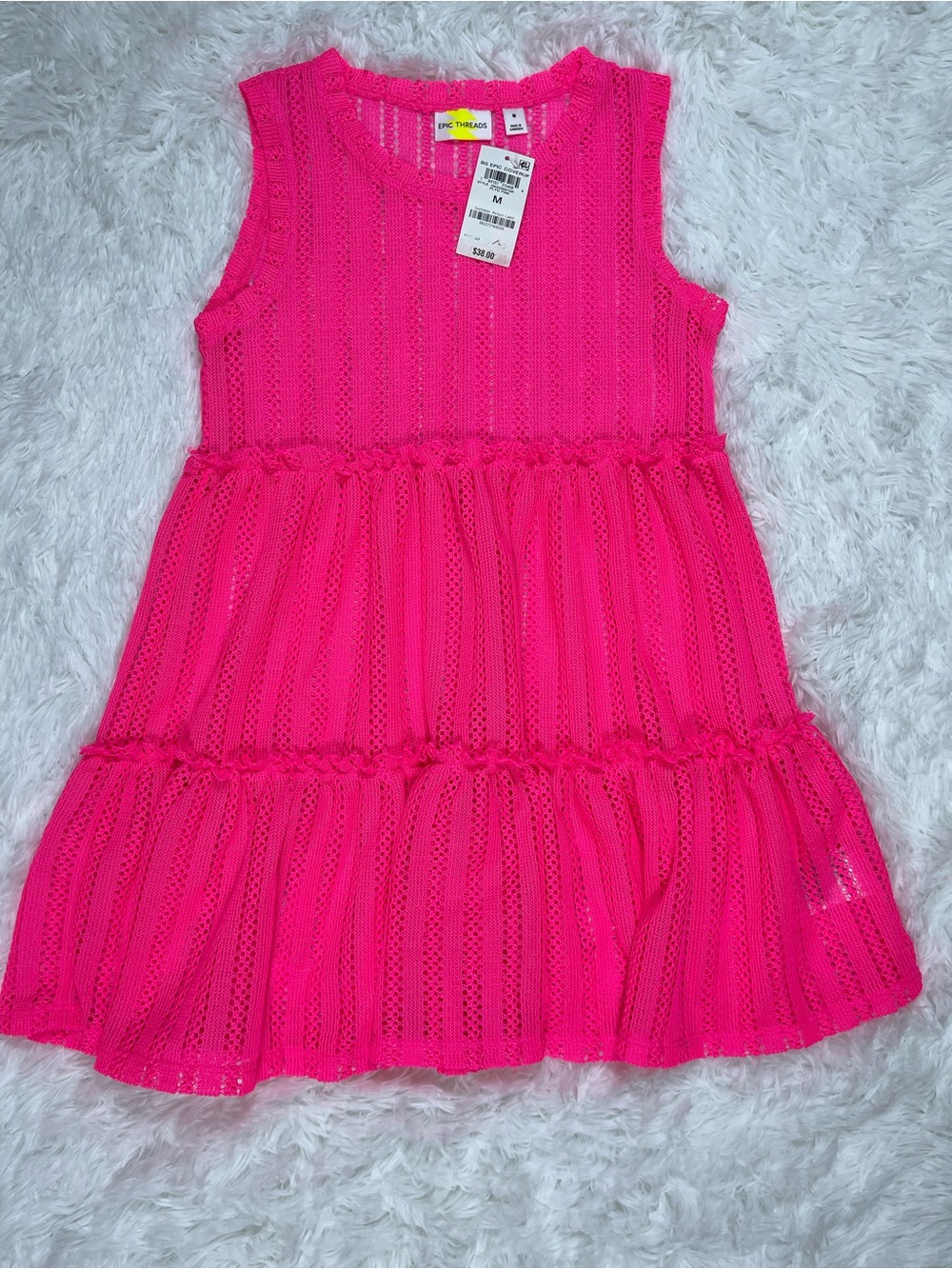 Epic Threads Girls Bright Neon Pink Sleeveless Tiered Eyelet Coverup brand new